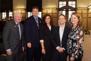 Winners of The John Marshall Law School Alumni Association Scholarships Victoria Vasilev (second from left) and Michael Eisenberg (center) are congratulated by Justice James Fitzgerald Smith (left), president of the association; Dan Cotter (fourth from left), chair of the Scholarship Committee; and Kim Anderson, past president.