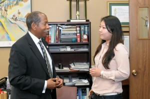 Associate Dean Rory Smith of the Office of Diversity Affairs and Outreach Program, welcomed second-year student Victoria Yan, to his office during the office’s Open House on Aug. 31, 2011.  