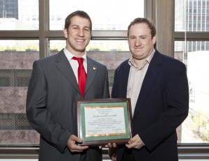 James O’Shea (left), 2011-2012 Student Bar Association (SBA) president, and Peter Tessler (right), 2010-2011 SBA vice president, hold the plaque for the Membership and Activity Award presented to the SBA by the American Bar Association Law Student Division. This award was presented to John Marshall for its “outstanding ABA membership efforts, involvement and activity.” This is the second year in a row the SBA has been honored with an award by the LSD. In 2010, John Marshall received the Student Bar Association Award. 