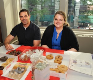 Michael Sandusky, vice president of the Law Enforcement Student Organization, and Linlee Rohrer, president of the Student Animal Legal Defense Fund, gave their time to sell treats in the Sargis-Minor Lounge during the “Donuts for Dogs” fundraiser. The student organizations raised more than $300 to help purchase safety vets for dogs that assist police departments.