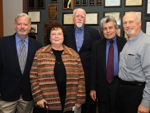 Colleagues who have worked with Diane Stary for many years were on hand to wish her the best, including (from left) Associate Dean William Powers, Professor Emeritus and former dean Robert Gilbert Johnston; Associate Dean Ralph Ruebner, and Professor Gerald Berendt.