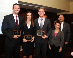 At the 32nd Annual International Moot Court Competition in Information Technology and Privacy Law hosted by Chicago’s John Marshall Law School, members of the Stetson University College of Law took first place honors. Team members (from left) Jonathan Hart, Melaina Tryon and Brandon Pfluger are congratulated by Melinda Tsang, of John Marshall’s Journal of Information Technology and Privacy Law, and Professor David Sorkin.
