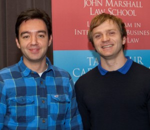 Ivan Genchev (left) of Bulgaria and Kristaq Profkola (right) of Albania are Fulbright Scholars at The John Marshall Law School.