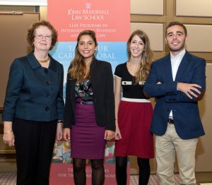 Virginia Russell (left), associate director of the Center for International Law, welcomed three students, (from second left) Gulia Cirronis, Denise Ecca and Gianluca Podda from Cagliari Law School, who spent the fall semester at John Marshall. 