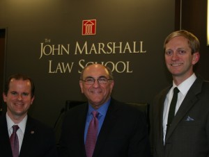 Adjunct Professor Kevin Hull (right), welcomed guest presenters Illinois Rep. Lou Lang (D-Skokie) (center), and Matthew O’Shea (JD ’00), president of Matthew O'Shea Consulting, Inc. and former chief of staff to the Illinois House Republican leader. They addressed the Legislative Drafting class on Feb. 6, 2014, discussing how the Illinois legislature worked to draft its medical marijuana bill. Other guest presenters (not pictured) were Bob Morgan, statewide project coordinator, Illinois Medical Cannabis Pilot Program, and Peter Gene Baroni of Leinweber Baroni & Daffada LLC.