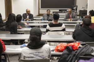 The Black Law Student Association (BLSA) at The John Marshall Law School welcomed Circuit Court of Cook County Judges (from left) William Stewart Boyd, Sharon Johnson Coleman and Allen Walker who talked with students about their work in the courts. Their presentation Feb. 5 was one of BLSA’s weekly programs marking Black History Month.  
