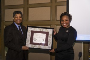 Chief Judge Timothy Evans (JD ’69) of the Circuit Court of Cook County received special recognition from John Marshall’s Black Law Students Association (BLSA) members for his continued support. Presenting the award on behalf of John Marshall’s Glenn T. Johnson Chapter of BLSA is its president, Kristin Johnson.