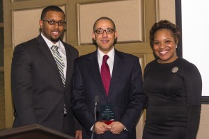 The Black Law Students Association (BLSA) honored Lenny M. Asaro (JD ’95) for his outstanding legacy as a John Marshall graduate.  He is with Neal & Leroy LLC practicing eminent domain, land use and zoning. Congratulating him on his honor are Jason Beasley and BLSA President Kristin Johnson.