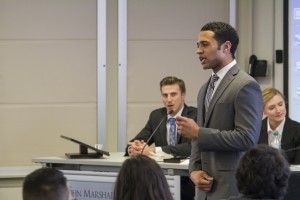 Bobby Martinez, a co-chair of the ILLSA Forum, participates in the mock trial presentation for high school and college students.