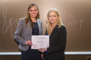 Catherine Gorman (left) was awarded one of four Public Interest Law Scholarships. Colleen Jordan, the Chicago Bar Association representative, made the presentation.  Other recipients not pictured are Amie P. Leonard and Margaret McWhorter.