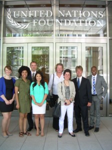 International Economic Development Law students outside the UN Foundation, one of their stops during a four-day excursion to Washington, are (from left) Pamela Szelung, Akemi Malone, Steven Bison, Cintya Larios-Guzman, Adjunct Professor Sabine Schlemmer-Schulte, Allison Mintz, Michael Duhn and Marcus Mason.