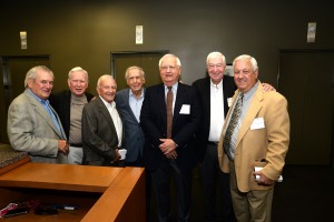 Michael Hennessy (JD ‘64), chats with former classmates Edward Roger Horsky (JD ‘64), Jerrold Ezgur (JD ‘64), Harry Weber (JD ‘59), Hon. Richard Lucas (JD ‘64), Hon. Morton Zwick (JD ‘64) and Ronald Fellheimer (JD ‘64) at a luncheon celebrating their 50-year class reunion.